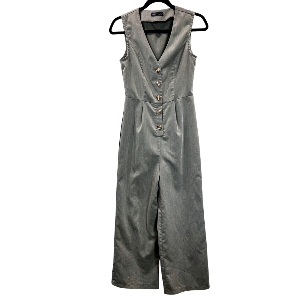 SHEIN Gray Button Sleeveless Wide Leg Jumpsuit Size XS V-Neck‎ Twill Pleated